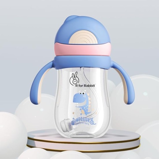 R for Rabbit Tritan Dino 320ml Baby Straw Sipper for Kids | Twin Handle Non Toxic BPA Free Soft Silicone Straw Sippy Bottle | Leak Proof Drinking Sippy Cup for 9+ Months Babies (Pink Blue)