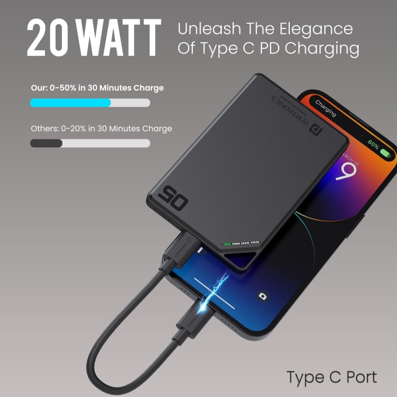 (Refurbished) Portronics Boosty 5k 5000mAh 15W Wireless Magnetic Fast Charging Nano Powerbank, Metallic Finish, 20W Type C PD Output, Light Weight, Compatible with iPhone 12 Above, Other Qi Enabled Devices (Refurbished) Portronics Boosty 5k 5000mAh 15W Wireless Magnetic Fast Charging Nano Powerbank, Metallic Finish, 20W Type C PD Output, Light Weight, Compatible with iPhone 12 Above, Other Qi Enabled Devices