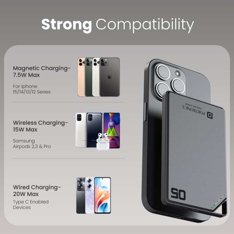 (Refurbished) Portronics Boosty 5k 5000mAh 15W Wireless Magnetic Fast Charging Nano Powerbank, Metallic Finish, 20W Type C PD Output, Light Weight, Compatible with iPhone 12 Above, Other Qi Enabled Devices (Refurbished) Portronics Boosty 5k 5000mAh 15W Wireless Magnetic Fast Charging Nano Powerbank, Metallic Finish, 20W Type C PD Output, Light Weight, Compatible with iPhone 12 Above, Other Qi Enabled Devices