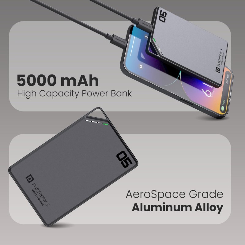 (Refurbished) Portronics Boosty 5k 5000mAh 15W Wireless Magnetic Fast Charging Nano Powerbank, Metallic Finish, 20W Type C PD Output, Light Weight, Compatible with iPhone 12 Above, Other Qi Enabled Devices (Refurbished) Portronics Boosty 5k 5000mAh 15W Wireless Magnetic Fast Charging Nano Powerbank, Metallic Finish, 20W Type C PD Output, Light Weight, Compatible with iPhone 12 Above, Other Qi Enabled Devices