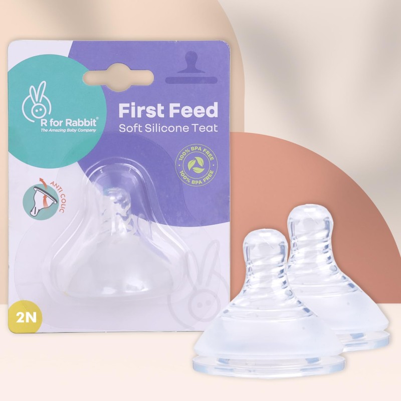 R for Rabbit First Feed Soft Silicone Nipple Teat for Glass, PP, and Stainless Steel Bottles (Size - L) Pack of 2