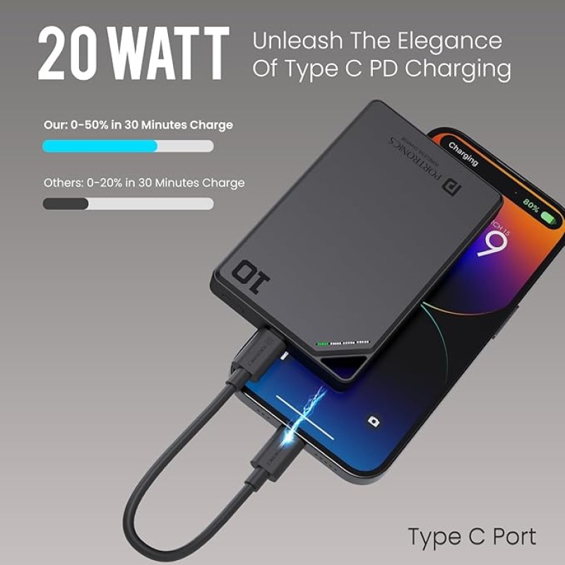 Portronics Boosty 10K 10000mAh 15W Wireless Magnetic Fast Charging Nano Powerbank, Metallic Finish, 20W Type C PD Output, Light Weight, Compatible with iPhone 12 Above, Other Qi Enabled Devices Portronics Boosty 10K 10000mAh 15W Wireless Magnetic Fast Charging Nano Powerbank, Metallic Finish, 20W Type C PD Output, Light Weight, Compatible with iPhone 12 Above, Other Qi Enabled Devices