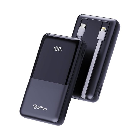 pTron Dynamo Power 20000mAh 22.5W Super Fast Charging, USB Type-C Input Power Bank with Quick Charge & 20W Power Delivery, Built-in Charging Cables, 4 Outputs, Type-C Input/Output Port (Black)