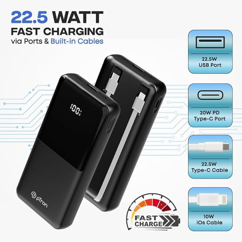 pTron Dynamo Power 20000mAh 22.5W Super Fast Charging, USB Type-C Input Power Bank with Quick Charge & 20W Power Delivery, Built-in Charging Cables, 4 Outputs, Type-C Input/Output Port (Black) pTron Dynamo Power 20000mAh 22.5W Super Fast Charging, USB Type-C Input Power Bank with Quick Charge & 20W Power Delivery, Built-in Charging Cables, 4 Outputs, Type-C Input/Output Port (Black)