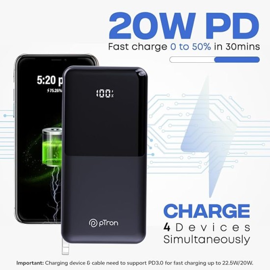 pTron Dynamo Power 20000mAh 22.5W Super Fast Charging, USB Type-C Input Power Bank with Quick Charge & 20W Power Delivery, Built-in Charging Cables, 4 Outputs, Type-C Input/Output Port (Black)