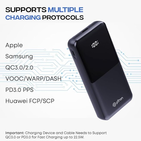pTron Dynamo Power 20000mAh 22.5W Super Fast Charging, USB Type-C Input Power Bank with Quick Charge & 20W Power Delivery, Built-in Charging Cables, 4 Outputs, Type-C Input/Output Port (Black)