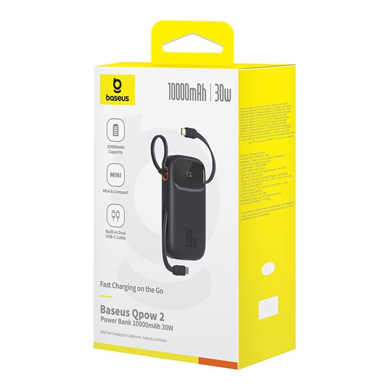 (Refurbished) Baseus QPow 2 10000mAh 30W Fast-Charging Power Bank – Dual Built-in Type-C Cables, Digital Display, PD Compatible – Cluster Black (Refurbished) Baseus QPow 2 10000mAh 30W Fast-Charging Power Bank – Dual Built-in Type-C Cables, Digital Display, PD Compatible – Cluster Black