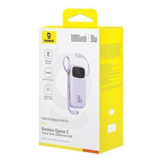 Baseus QPow 2 10000mAh 30W Fast-Charging Power Bank – Dual Built-in Type-C Cables, Digital Display, PD Compatible – Nebula Purple