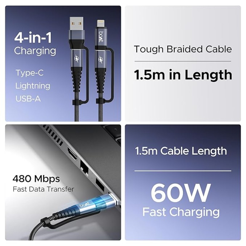 boAt FlexiCharge 400 Charging Cable w/ 4-in-1 Connectivity- USB-A, Type-C, & Lightning Ports, 60W/3A PD Fast Charging,480Mbps Data Sync,2 Swappable Heads,Silicon Cable Tie(Carbon Black) boAt FlexiCharge 400 Charging Cable w/ 4-in-1 Connectivity- USB-A, Type-C, & Lightning Ports, 60W/3A PD Fast Charging,480Mbps Data Sync,2 Swappable Heads,Silicon Cable Tie(Carbon Black)
