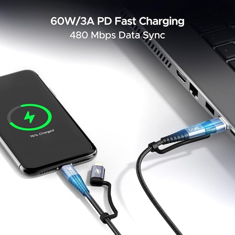 boAt FlexiCharge 400 Charging Cable w/ 4-in-1 Connectivity- USB-A, Type-C, & Lightning Ports, 60W/3A PD Fast Charging,480Mbps Data Sync,2 Swappable Heads,Silicon Cable Tie(Carbon Black) boAt FlexiCharge 400 Charging Cable w/ 4-in-1 Connectivity- USB-A, Type-C, & Lightning Ports, 60W/3A PD Fast Charging,480Mbps Data Sync,2 Swappable Heads,Silicon Cable Tie(Carbon Black)