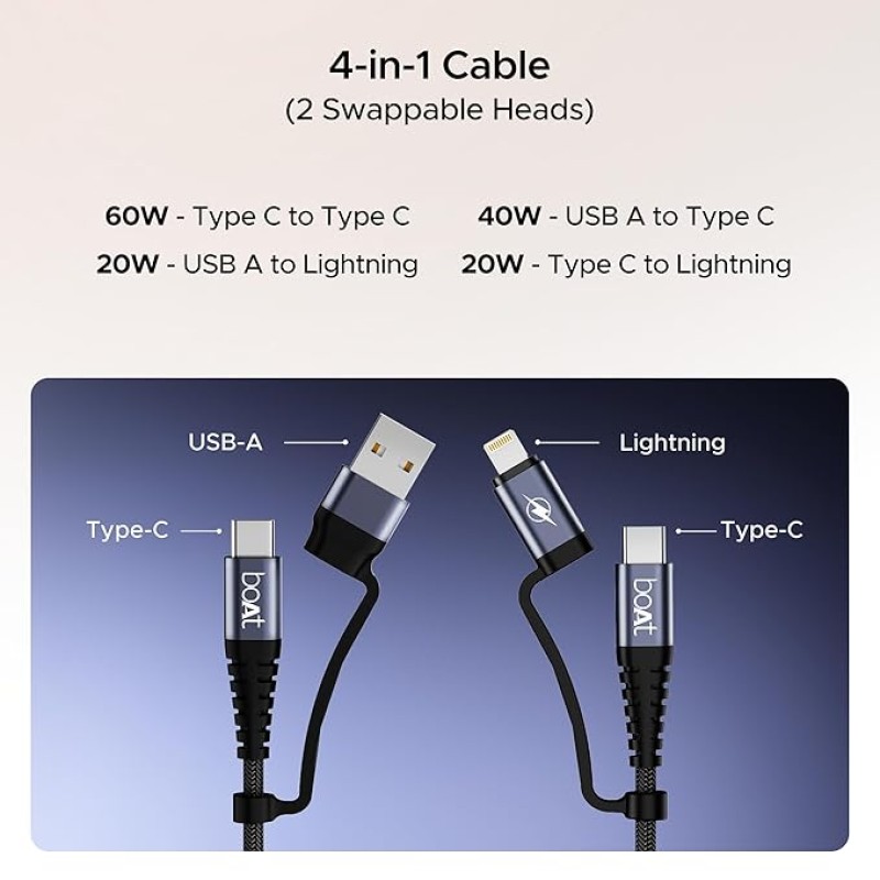 boAt FlexiCharge 400 Charging Cable w/ 4-in-1 Connectivity- USB-A, Type-C, & Lightning Ports, 60W/3A PD Fast Charging,480Mbps Data Sync,2 Swappable Heads,Silicon Cable Tie(Carbon Black) boAt FlexiCharge 400 Charging Cable w/ 4-in-1 Connectivity- USB-A, Type-C, & Lightning Ports, 60W/3A PD Fast Charging,480Mbps Data Sync,2 Swappable Heads,Silicon Cable Tie(Carbon Black)