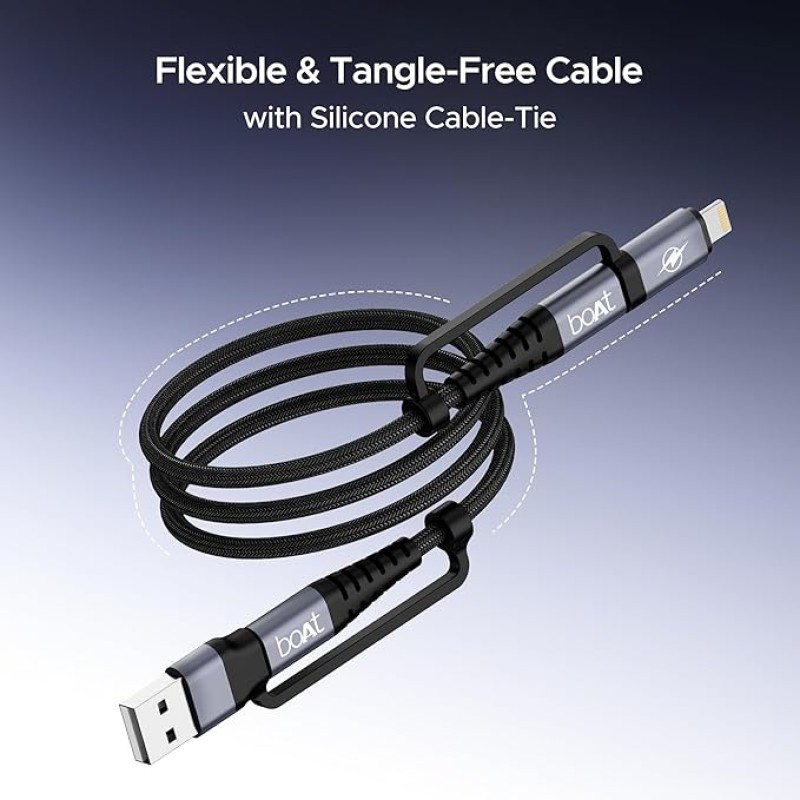 boAt FlexiCharge 400 Charging Cable w/ 4-in-1 Connectivity- USB-A, Type-C, & Lightning Ports, 60W/3A PD Fast Charging,480Mbps Data Sync,2 Swappable Heads,Silicon Cable Tie(Carbon Black) boAt FlexiCharge 400 Charging Cable w/ 4-in-1 Connectivity- USB-A, Type-C, & Lightning Ports, 60W/3A PD Fast Charging,480Mbps Data Sync,2 Swappable Heads,Silicon Cable Tie(Carbon Black)