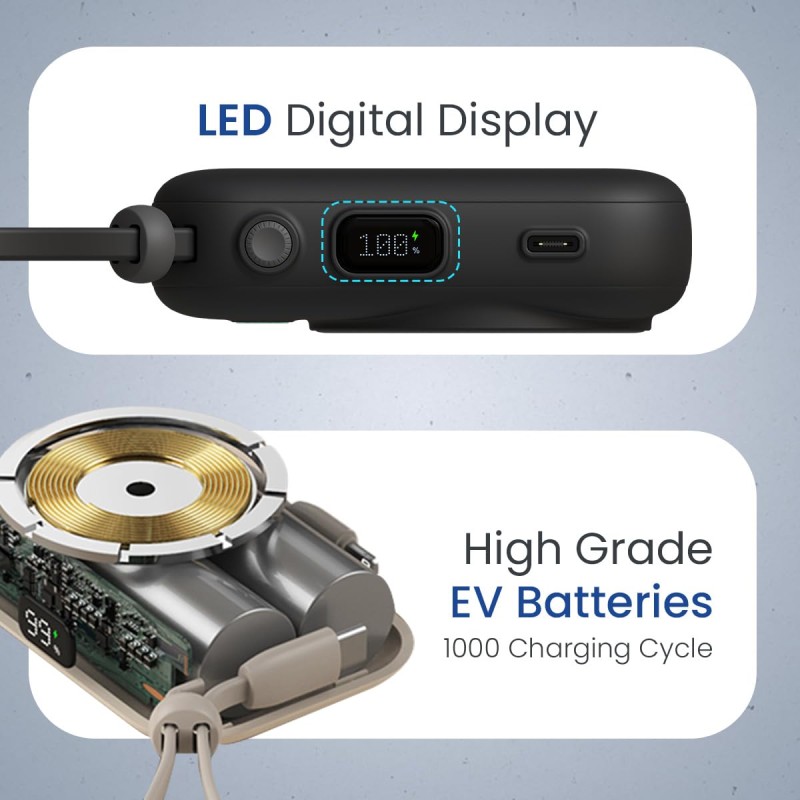 Portronics Power Shutter 10000mAh 15W Magnetic Wireless Fast Charging Powerbank with in-Built Type C & 8 Pin Cable, 22.5W Type C PD Output, Type C Bidirectional Port, LED Display (Black) Portronics Power Shutter 10000mAh 15W Magnetic Wireless Fast Charging Powerbank with in-Built Type C & 8 Pin Cable, 22.5W Type C PD Output, Type C Bidirectional Port, LED Display (Black)