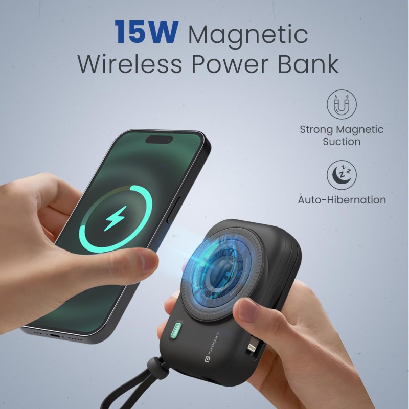 Portronics Power Shutter 10000mAh 15W Magnetic Wireless Fast Charging Powerbank with in-Built Type C & 8 Pin Cable, 22.5W Type C PD Output, Type C Bidirectional Port, LED Display (Black) Portronics Power Shutter 10000mAh 15W Magnetic Wireless Fast Charging Powerbank with in-Built Type C & 8 Pin Cable, 22.5W Type C PD Output, Type C Bidirectional Port, LED Display (Black)
