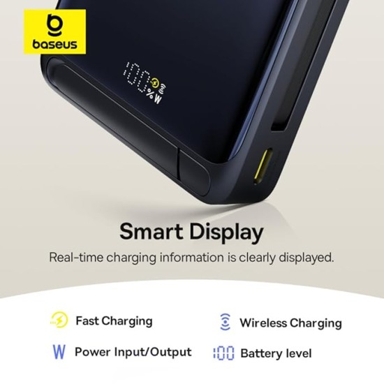 Baseus Nomos Qi2 10000mAh 45W Magnetic Wireless Power Bank – Built-in USB-C Cable, Kickstand Design, PD Fast Charging – Cosmic Black