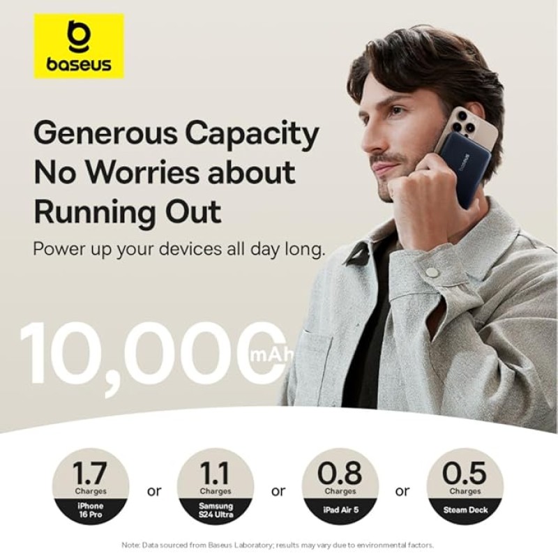 Baseus Nomos Qi2 10000mAh 45W Magnetic Wireless Power Bank � Built-in USB-C Cable, Kickstand Design, PD Fast Charging � Cosmic Black Baseus Nomos Qi2 10000mAh 45W Magnetic Wireless Power Bank � Built-in USB-C Cable, Kickstand Design, PD Fast Charging � Cosmic Black