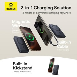 Baseus Nomos Qi2 10000mAh 45W Magnetic Wireless Power Bank – Built-in USB-C Cable, Kickstand Design, PD Fast Charging – Cosmic Black