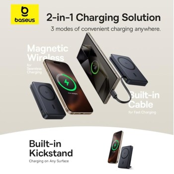 Baseus Nomos Qi2 10000mAh 45W Magnetic Wireless Power Bank � Built-in USB-C Cable, Kickstand Design, PD Fast Charging � Cosmic Black Baseus Nomos Qi2 10000mAh 45W Magnetic Wireless Power Bank � Built-in USB-C Cable, Kickstand Design, PD Fast Charging � Cosmic Black