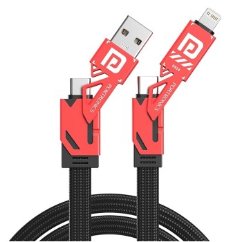 Portronics Procharge 4 60W 4-In-1 Multifunctional Fast Charging Cable With Multiple Port & Metal Zinc Alloy Head, Tangle Free Flat Cable, Type C to Type C/Lightening, USB A, Fast Data Sync (Red+Black)