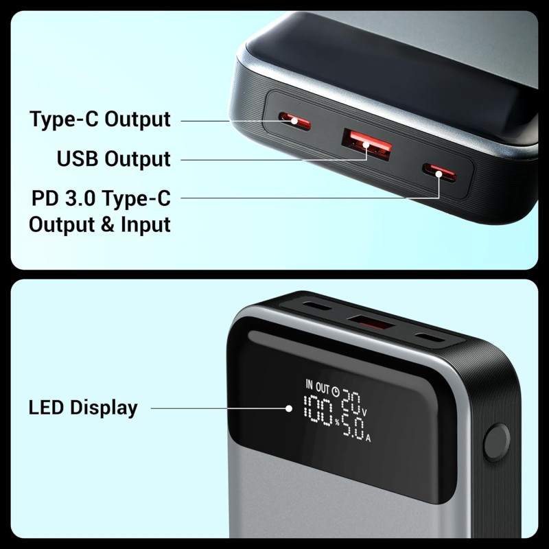 (Refurbished) ZEBRONICS EnergiPOD 27R3 Power Bank, 27000 mAh, 100W, PD 3.0 Type C, Rapid Charging, Outputs - Dual Type C | USB A, LED Display, Auto Protections, Flight Friendly, Made in India (Black+Grey)