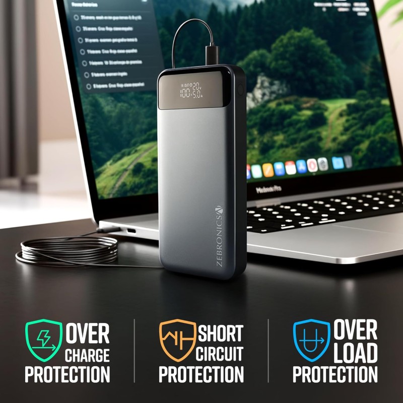 (Refurbished) ZEBRONICS EnergiPOD 27R3 Power Bank, 27000 mAh, 100W, PD 3.0 Type C, Rapid Charging, Outputs - Dual Type C | USB A, LED Display, Auto Protections, Flight Friendly, Made in India (Black+Grey)