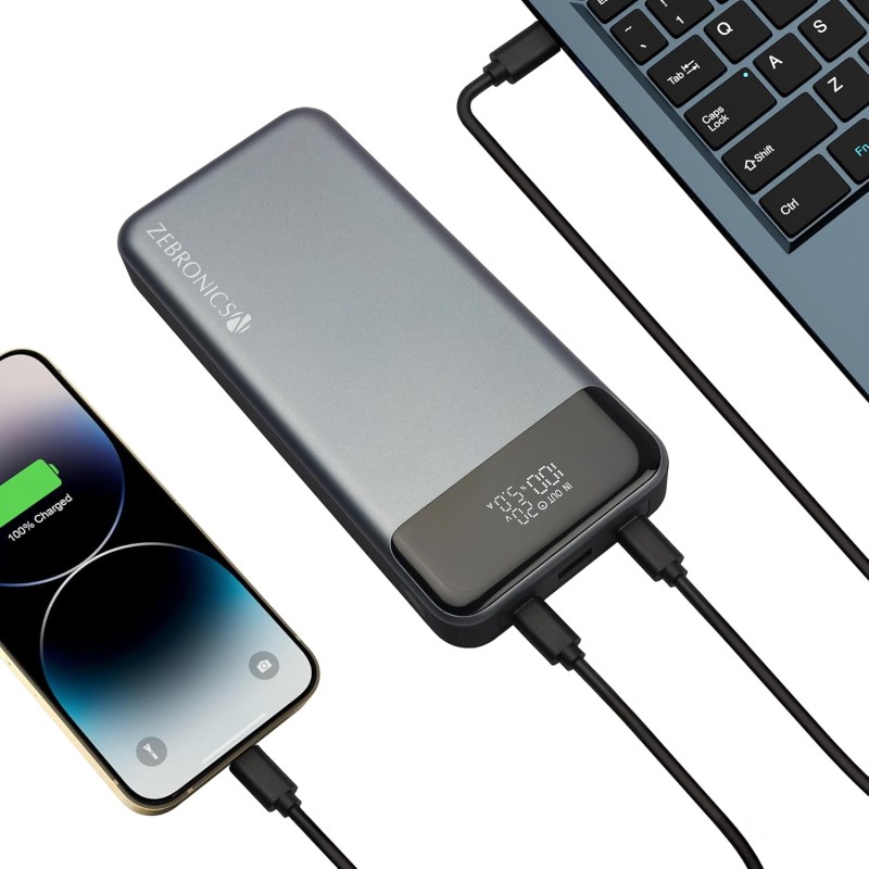 (Refurbished) ZEBRONICS EnergiPOD 27R3 Power Bank, 27000 mAh, 100W, PD 3.0 Type C, Rapid Charging, Outputs - Dual Type C | USB A, LED Display, Auto Protections, Flight Friendly, Made in India (Black+Grey)