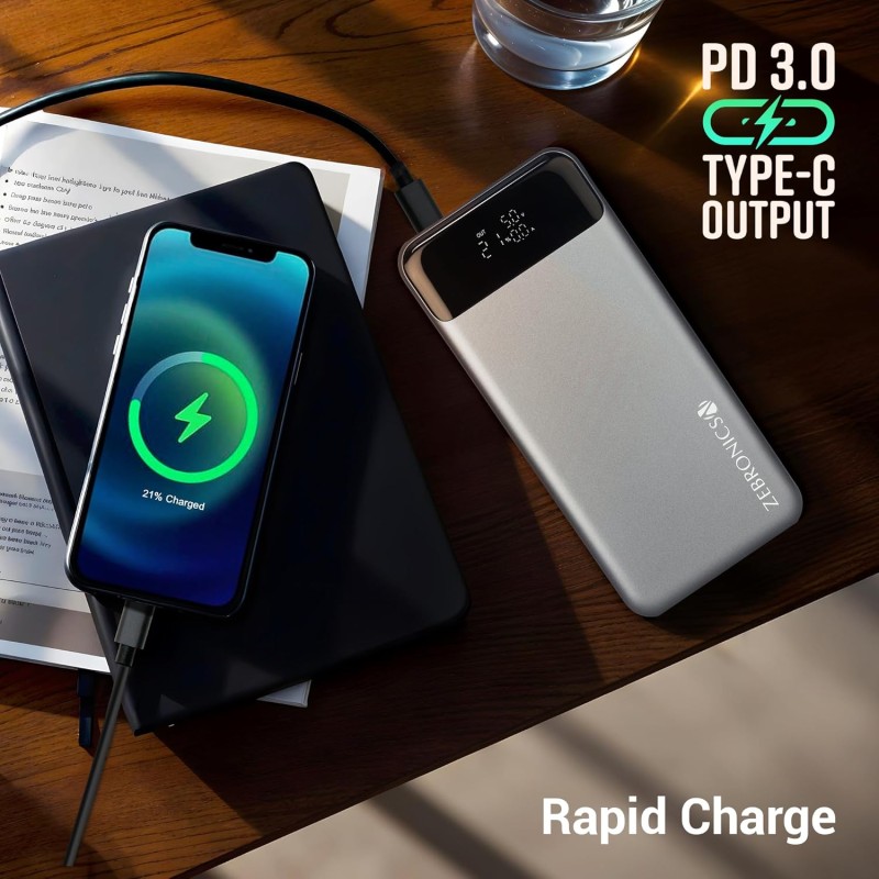 (Refurbished) ZEBRONICS EnergiPOD 27R3 Power Bank, 27000 mAh, 100W, PD 3.0 Type C, Rapid Charging, Outputs - Dual Type C | USB A, LED Display, Auto Protections, Flight Friendly, Made in India (Black+Grey)