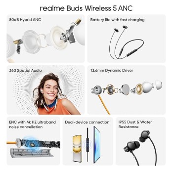 realme Buds Wireless 5 ANC in Ear Bluetooth Headphones,50dB ANC, 13.6mm Dynamic Bass Driver,360� Spatial Audio,45ms Low Latency,Upto 38hrs Playback,IP55 Rating,Dual Device Connection (Midnight Black) realme Buds Wireless 5 ANC in Ear Bluetooth Headphones,50dB ANC, 13.6mm Dynamic Bass Driver,360� Spatial Audio,45ms Low Latency,Upto 38hrs Playback,IP55 Rating,Dual Device Connection (Midnight Black)