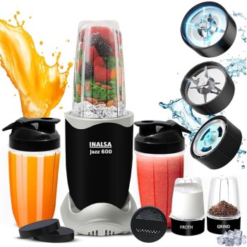 INALSA Blender Mixer Grinder|5 Jar & 600W Copper Motor| Blenders for Smoothies and Juices| Smoothie MakerBlender NutriBlender 3 Blades Including Froth Blade 2Yr Warranty,Jazz 600