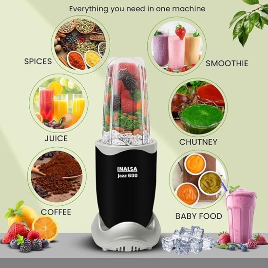 INALSA Blender Mixer Grinder|5 Jar & 600W Copper Motor| Blenders for Smoothies and Juices| Smoothie MakerBlender NutriBlender 3 Blades Including Froth Blade 2Yr Warranty,Jazz 600
