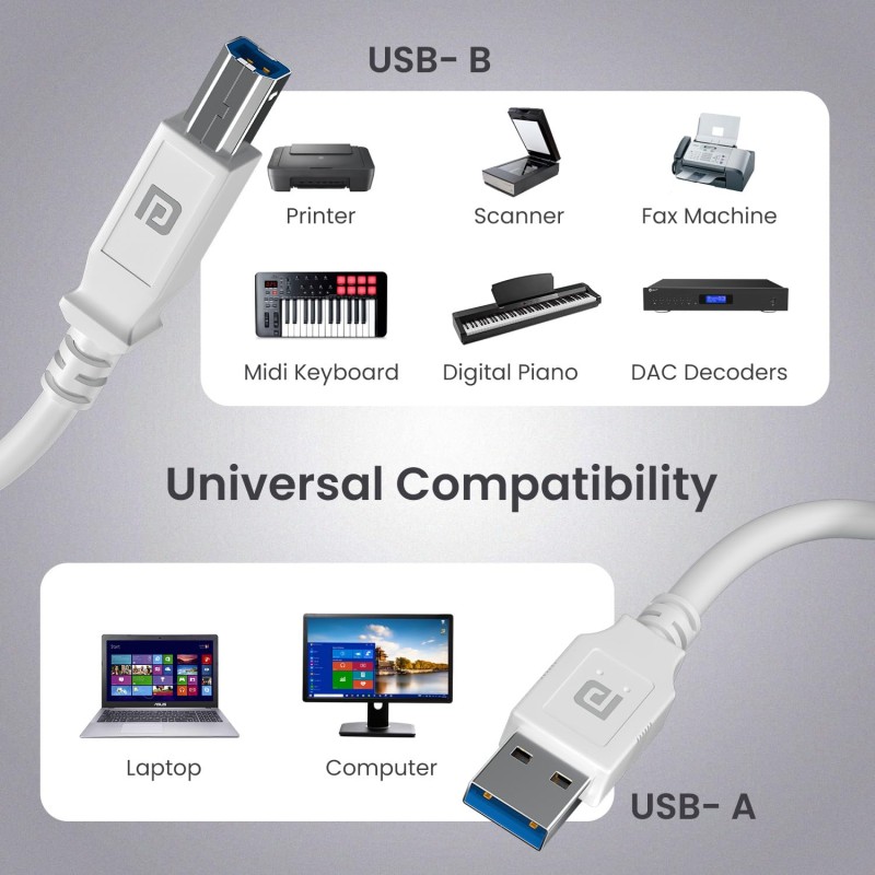 (Refurbished) Portronics PrintLink 3 Printer Cable with USB Type-A to USB Type-B Male Connectors, 3 Meters / 10 Ft Long, High-Speed Transfer Cord for Printers & Scanners (White) (Refurbished) Portronics PrintLink 3 Printer Cable with USB Type-A to USB Type-B Male Connectors, 3 Meters / 10 Ft Long, High-Speed Transfer Cord for Printers & Scanners (White)