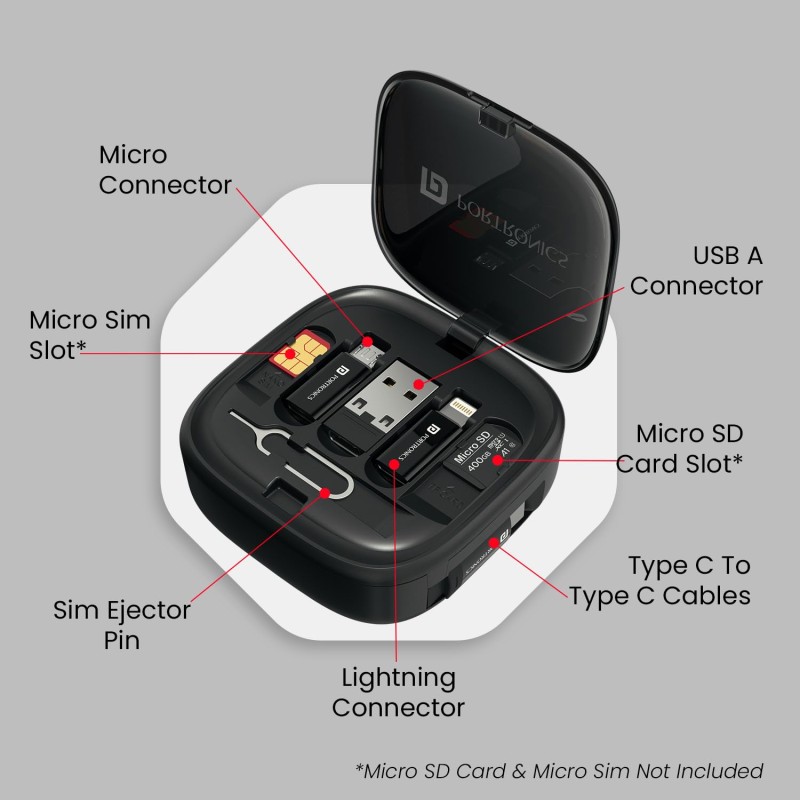 (Refurbished) Portronics Snapcase 2 60W Multifunctional Fast Charging Data Cable Kit With Retractable Cable, Conversion Set USB A & Type C to Male Micro/Lightning,Sim Storage,Sim Eject Pin (Refurbished) Portronics Snapcase 2 60W Multifunctional Fast Charging Data Cable Kit With Retractable Cable, Conversion Set USB A & Type C to Male Micro/Lightning,Sim Storage,Sim Eject Pin