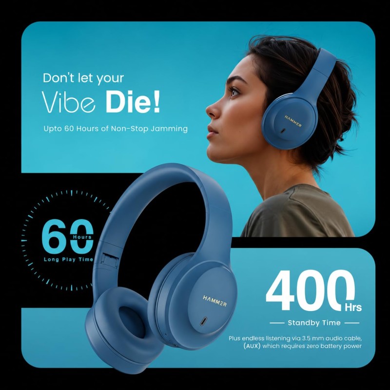 (Refurbished) HAMMER Vibe ENC Bluetooth Headphone, 40mm Driver, Dual Pairing, 60hrs Playtime, Voice Assistant, BT V5.4, Game Mode, Soft Cushions, Lightweight Headphones for Music, Gaming and Calls (Blue) (Refurbished) HAMMER Vibe ENC Bluetooth Headphone, 40mm Driver, Dual Pairing, 60hrs Playtime, Voice Assistant, BT V5.4, Game Mode, Soft Cushions, Lightweight Headphones for Music, Gaming and Calls (Blue)