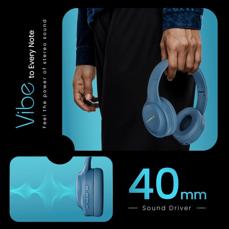 (Refurbished) HAMMER Vibe ENC Bluetooth Headphone, 40mm Driver, Dual Pairing, 60hrs Playtime, Voice Assistant, BT V5.4, Game Mode, Soft Cushions, Lightweight Headphones for Music, Gaming and Calls (Blue) (Refurbished) HAMMER Vibe ENC Bluetooth Headphone, 40mm Driver, Dual Pairing, 60hrs Playtime, Voice Assistant, BT V5.4, Game Mode, Soft Cushions, Lightweight Headphones for Music, Gaming and Calls (Blue)