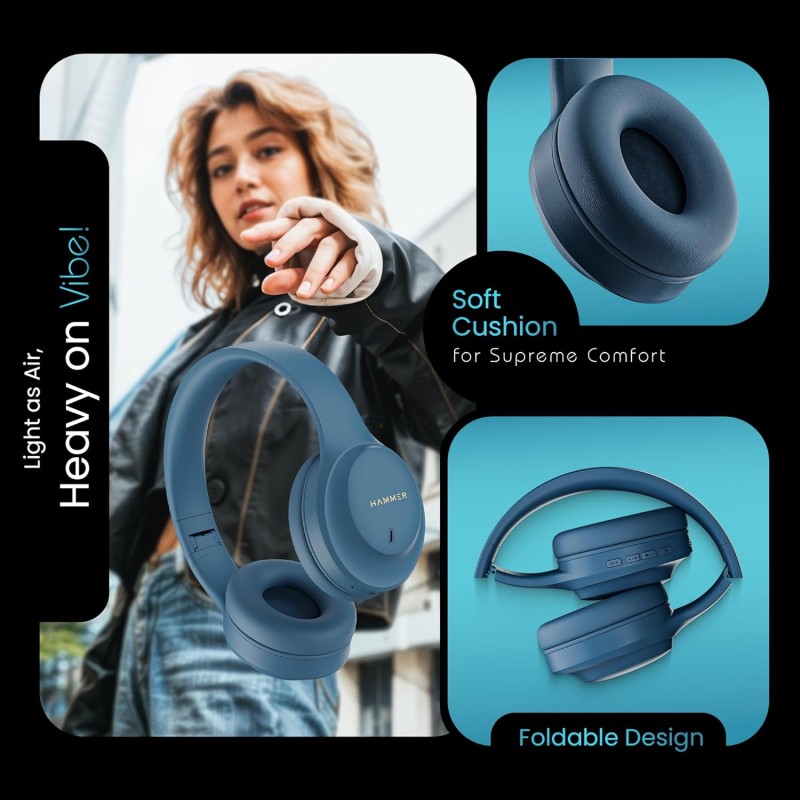 (Refurbished) HAMMER Vibe ENC Bluetooth Headphone, 40mm Driver, Dual Pairing, 60hrs Playtime, Voice Assistant, BT V5.4, Game Mode, Soft Cushions, Lightweight Headphones for Music, Gaming and Calls (Blue) (Refurbished) HAMMER Vibe ENC Bluetooth Headphone, 40mm Driver, Dual Pairing, 60hrs Playtime, Voice Assistant, BT V5.4, Game Mode, Soft Cushions, Lightweight Headphones for Music, Gaming and Calls (Blue)