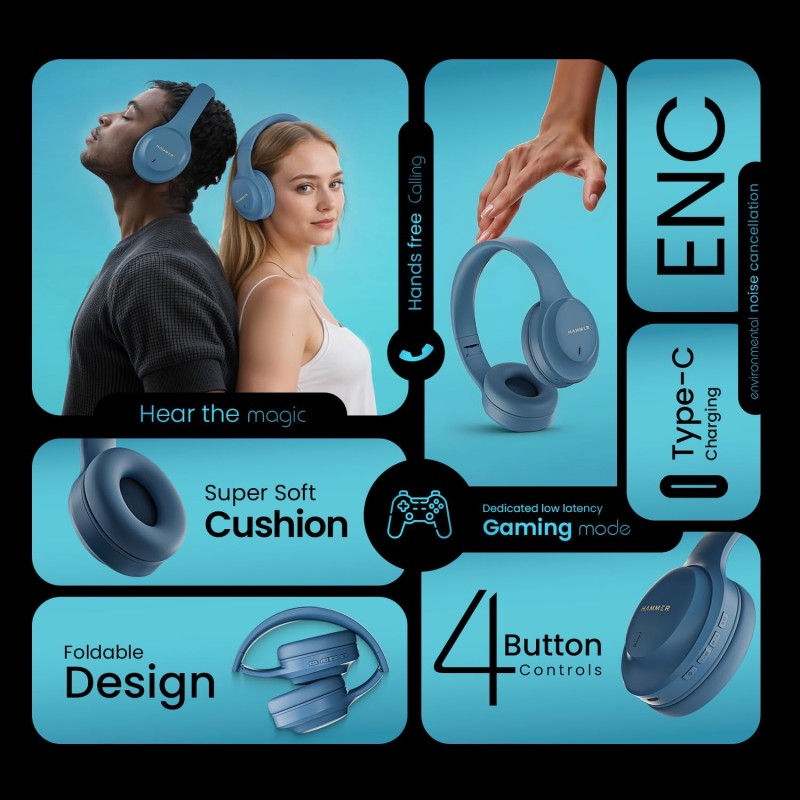 (Refurbished) HAMMER Vibe ENC Bluetooth Headphone, 40mm Driver, Dual Pairing, 60hrs Playtime, Voice Assistant, BT V5.4, Game Mode, Soft Cushions, Lightweight Headphones for Music, Gaming and Calls (Blue) (Refurbished) HAMMER Vibe ENC Bluetooth Headphone, 40mm Driver, Dual Pairing, 60hrs Playtime, Voice Assistant, BT V5.4, Game Mode, Soft Cushions, Lightweight Headphones for Music, Gaming and Calls (Blue)