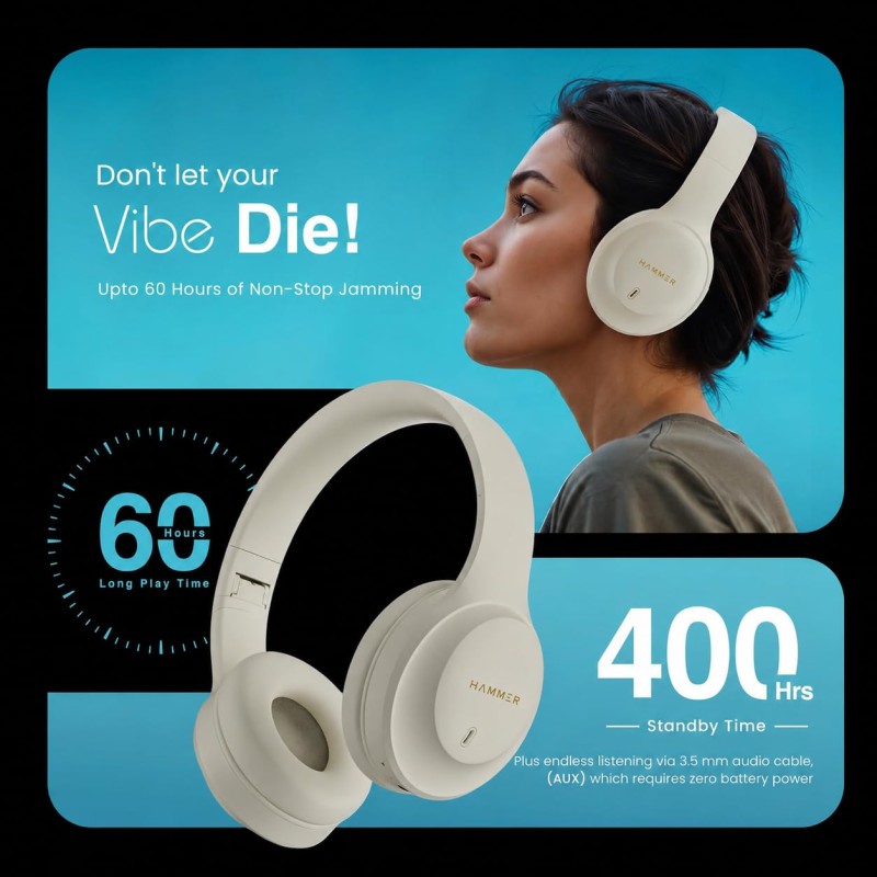 (Refurbished) HAMMER Vibe ENC Bluetooth Headphone, 40mm Driver, Dual Pairing, 60hrs Playtime, Voice Assistant, BT V5.4, Game Mode, Soft Cushions, Lightweight Headphones for Music, Gaming and Calls (Beige) (Refurbished) HAMMER Vibe ENC Bluetooth Headphone, 40mm Driver, Dual Pairing, 60hrs Playtime, Voice Assistant, BT V5.4, Game Mode, Soft Cushions, Lightweight Headphones for Music, Gaming and Calls (Beige)