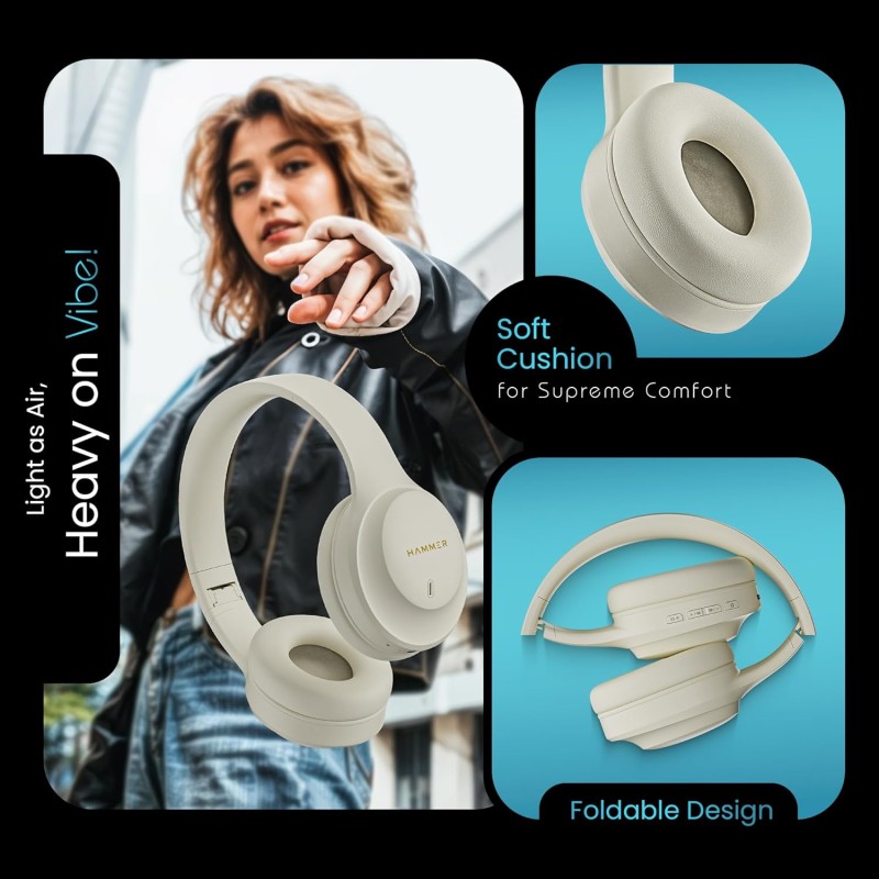 (Refurbished) HAMMER Vibe ENC Bluetooth Headphone, 40mm Driver, Dual Pairing, 60hrs Playtime, Voice Assistant, BT V5.4, Game Mode, Soft Cushions, Lightweight Headphones for Music, Gaming and Calls (Beige) (Refurbished) HAMMER Vibe ENC Bluetooth Headphone, 40mm Driver, Dual Pairing, 60hrs Playtime, Voice Assistant, BT V5.4, Game Mode, Soft Cushions, Lightweight Headphones for Music, Gaming and Calls (Beige)