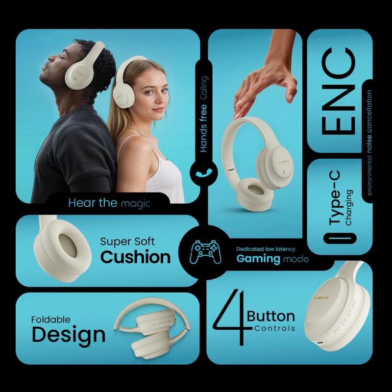 (Refurbished) HAMMER Vibe ENC Bluetooth Headphone, 40mm Driver, Dual Pairing, 60hrs Playtime, Voice Assistant, BT V5.4, Game Mode, Soft Cushions, Lightweight Headphones for Music, Gaming and Calls (Beige) (Refurbished) HAMMER Vibe ENC Bluetooth Headphone, 40mm Driver, Dual Pairing, 60hrs Playtime, Voice Assistant, BT V5.4, Game Mode, Soft Cushions, Lightweight Headphones for Music, Gaming and Calls (Beige)