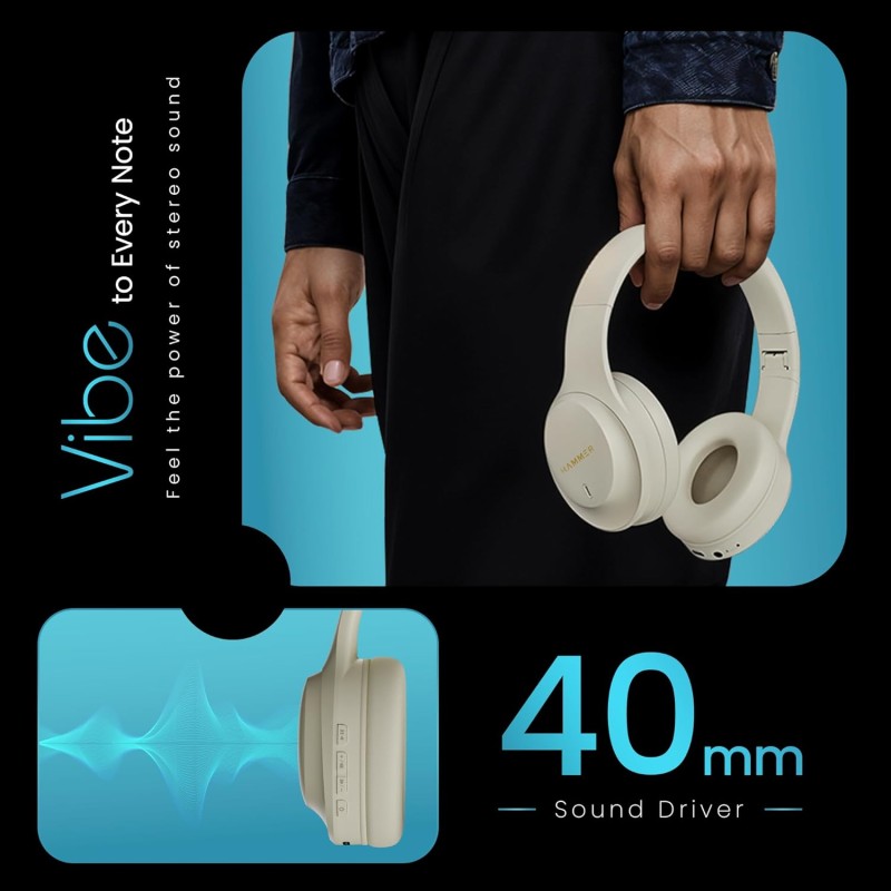 (Refurbished) HAMMER Vibe ENC Bluetooth Headphone, 40mm Driver, Dual Pairing, 60hrs Playtime, Voice Assistant, BT V5.4, Game Mode, Soft Cushions, Lightweight Headphones for Music, Gaming and Calls (Beige) (Refurbished) HAMMER Vibe ENC Bluetooth Headphone, 40mm Driver, Dual Pairing, 60hrs Playtime, Voice Assistant, BT V5.4, Game Mode, Soft Cushions, Lightweight Headphones for Music, Gaming and Calls (Beige)