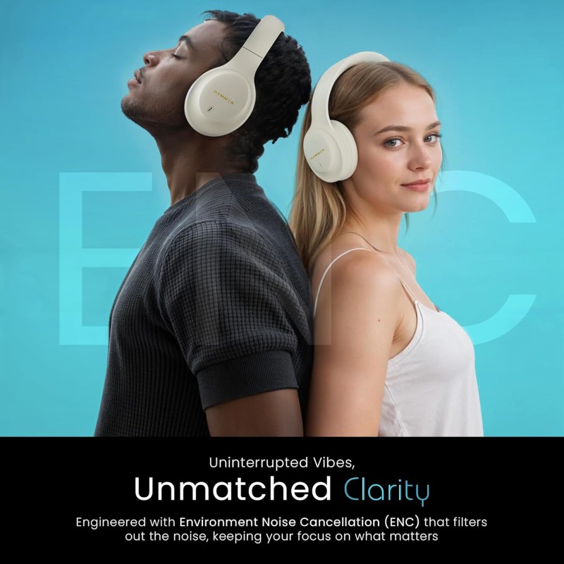 (Refurbished) HAMMER Vibe ENC Bluetooth Headphone, 40mm Driver, Dual Pairing, 60hrs Playtime, Voice Assistant, BT V5.4, Game Mode, Soft Cushions, Lightweight Headphones for Music, Gaming and Calls (Beige) (Refurbished) HAMMER Vibe ENC Bluetooth Headphone, 40mm Driver, Dual Pairing, 60hrs Playtime, Voice Assistant, BT V5.4, Game Mode, Soft Cushions, Lightweight Headphones for Music, Gaming and Calls (Beige)