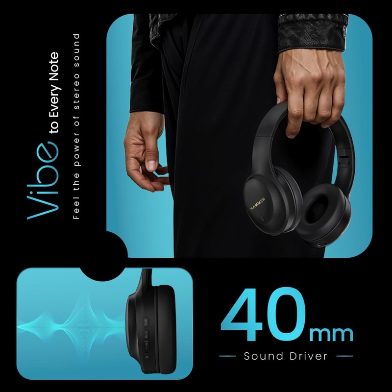 (Refurbished) HAMMER Vibe ENC Bluetooth Headphone, 40mm Driver, Dual Pairing, 60hrs Playtime, Voice Assistant, BT V5.4, Game Mode, Soft Cushions, Lightweight Headphones for Music, Gaming and Calls (Black) (Refurbished) HAMMER Vibe ENC Bluetooth Headphone, 40mm Driver, Dual Pairing, 60hrs Playtime, Voice Assistant, BT V5.4, Game Mode, Soft Cushions, Lightweight Headphones for Music, Gaming and Calls (Black)