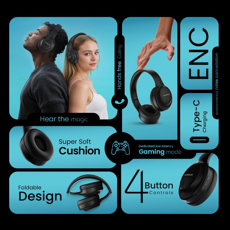 (Refurbished) HAMMER Vibe ENC Bluetooth Headphone, 40mm Driver, Dual Pairing, 60hrs Playtime, Voice Assistant, BT V5.4, Game Mode, Soft Cushions, Lightweight Headphones for Music, Gaming and Calls (Black) (Refurbished) HAMMER Vibe ENC Bluetooth Headphone, 40mm Driver, Dual Pairing, 60hrs Playtime, Voice Assistant, BT V5.4, Game Mode, Soft Cushions, Lightweight Headphones for Music, Gaming and Calls (Black)