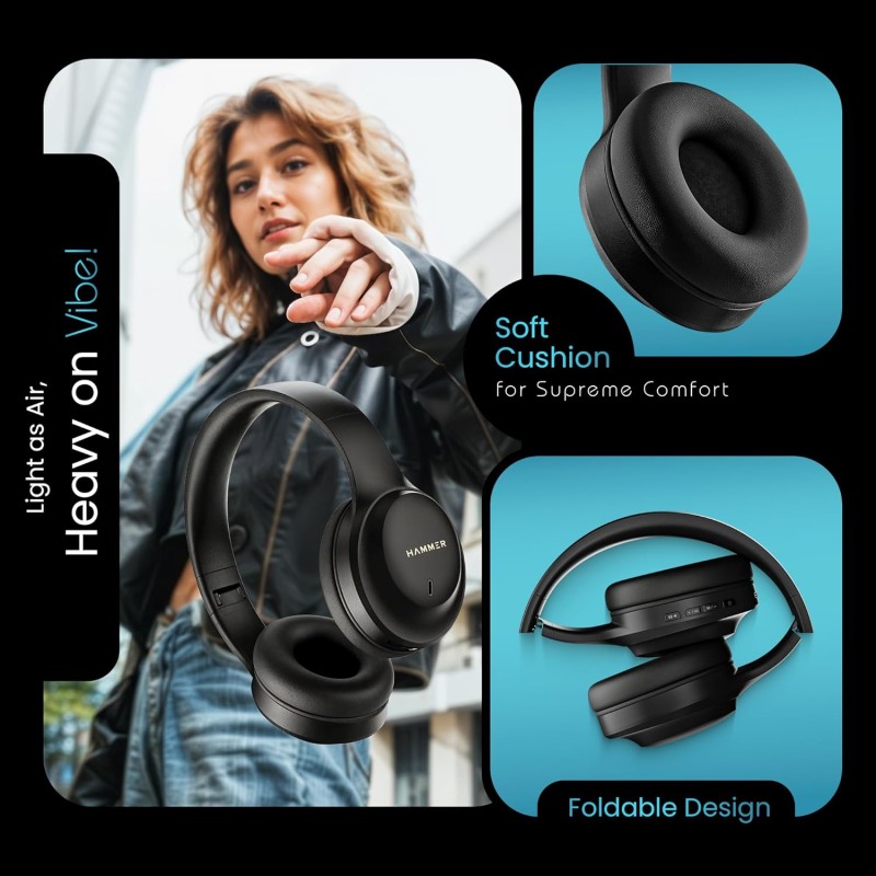(Refurbished) HAMMER Vibe ENC Bluetooth Headphone, 40mm Driver, Dual Pairing, 60hrs Playtime, Voice Assistant, BT V5.4, Game Mode, Soft Cushions, Lightweight Headphones for Music, Gaming and Calls (Black) (Refurbished) HAMMER Vibe ENC Bluetooth Headphone, 40mm Driver, Dual Pairing, 60hrs Playtime, Voice Assistant, BT V5.4, Game Mode, Soft Cushions, Lightweight Headphones for Music, Gaming and Calls (Black)