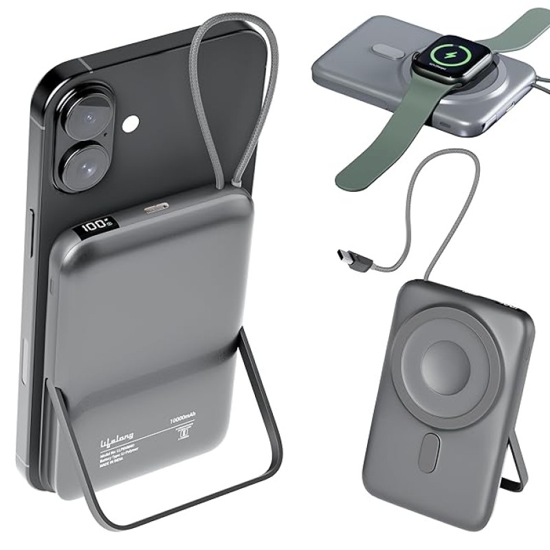 Lifelong Electronics 10000mAh MagSafe Wireless Fast Charging Power Bank for iPhone, Apple Watch, Airpods & All Qi Enabled Phones | QC 3.0 Powerbank (22.5W Output) | Cable & Stand + Extra Magnetic Ring