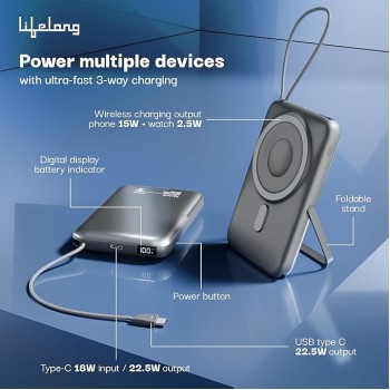 Lifelong Electronics 10000mAh MagSafe Wireless Fast Charging Power Bank for iPhone, Apple Watch, Airpods & All Qi Enabled Phones | QC 3.0 Powerbank (22.5W Output) | Cable & Stand + Extra Magnetic Ring Lifelong Electronics 10000mAh MagSafe Wireless Fast Charging Power Bank for iPhone, Apple Watch, Airpods & All Qi Enabled Phones | QC 3.0 Powerbank (22.5W Output) | Cable & Stand + Extra Magnetic Ring