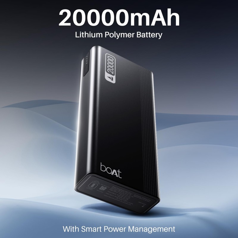 (Refurbished) Boat Energyshroom PB401 20000 mAh 22.5W Fast Charging Power Bank (4X Output Ports, Supports Android, iPhone, Tablets, Earbuds, etc.) (Carbon Black), USB Type C