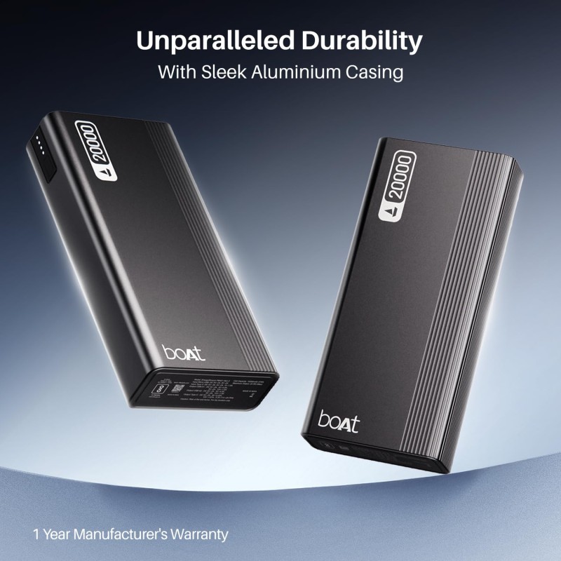 (Refurbished) Boat Energyshroom PB401 20000 mAh 22.5W Fast Charging Power Bank (4X Output Ports, Supports Android, iPhone, Tablets, Earbuds, etc.) (Carbon Black), USB Type C