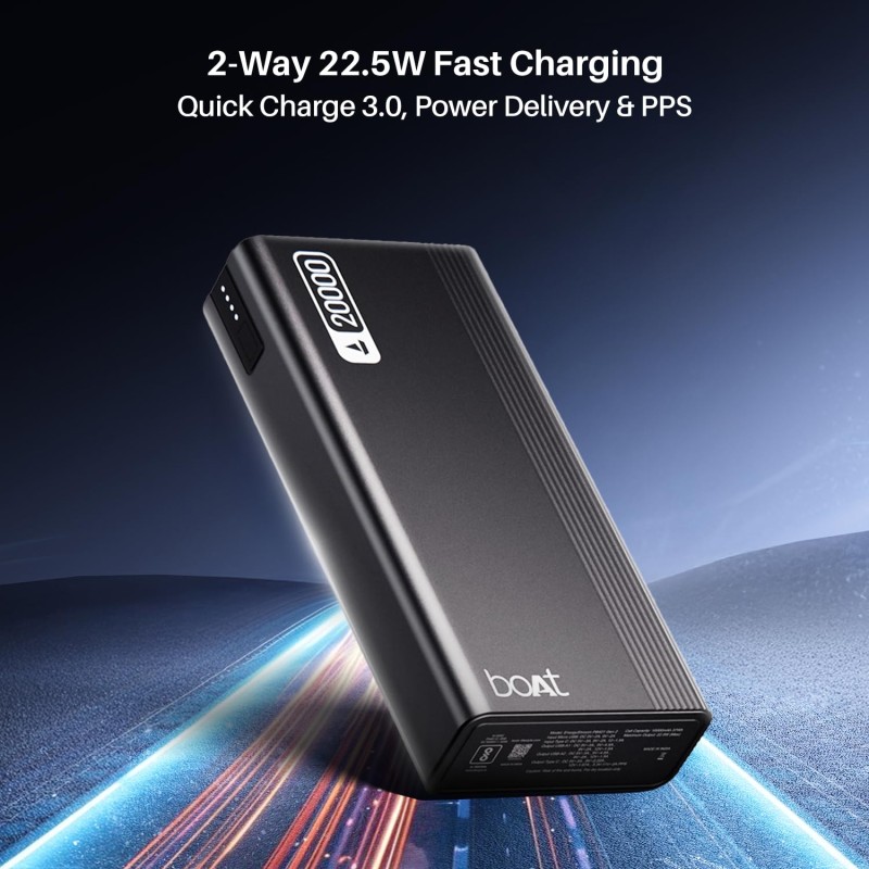 (Refurbished) Boat Energyshroom PB401 20000 mAh 22.5W Fast Charging Power Bank (4X Output Ports, Supports Android, iPhone, Tablets, Earbuds, etc.) (Carbon Black), USB Type C