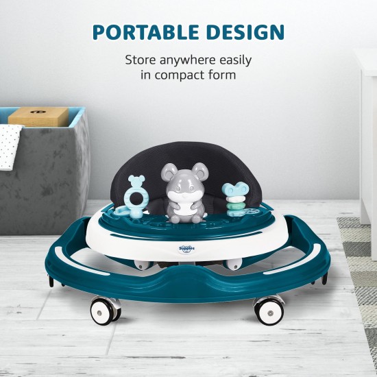 Amazon Brand - Supples Baby Walker (Musical) | Kids Walker with Toys | Baby Walkers for Boys & Girls 9+ Months | Adjustable Height Walker with RGB Lights | Sea Green & White